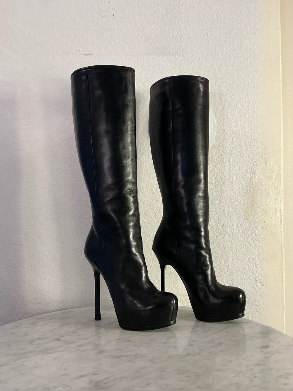 YVES ST LAURENT Classic Black Platform Knee-High Stiletto Boots - Women's SZ 37